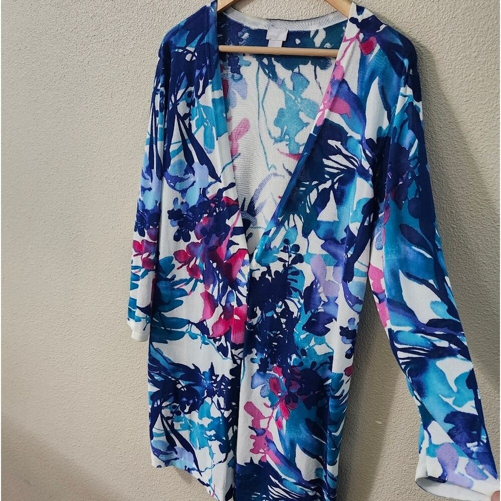 Chico's Spring Paradise Cardigan Sweater Floral Pattern Longline Lightweight - Picture 3 of 13